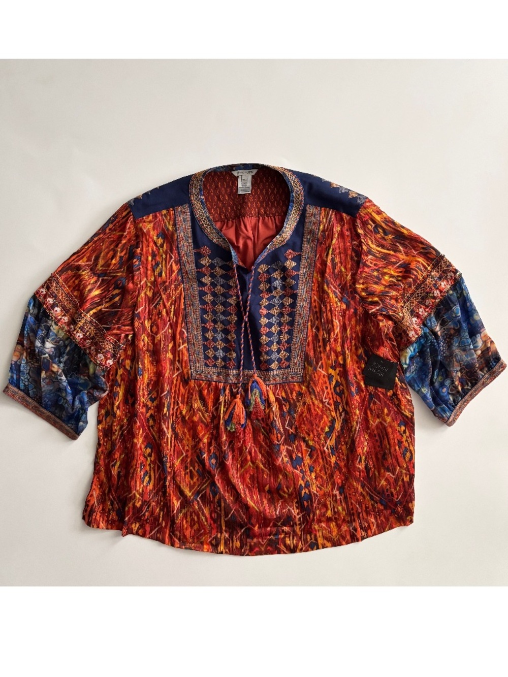 John Mark Top Geometric Boho 3/4 Sleeve Embroidered Tasseled Tie Peasant Nwt 2X